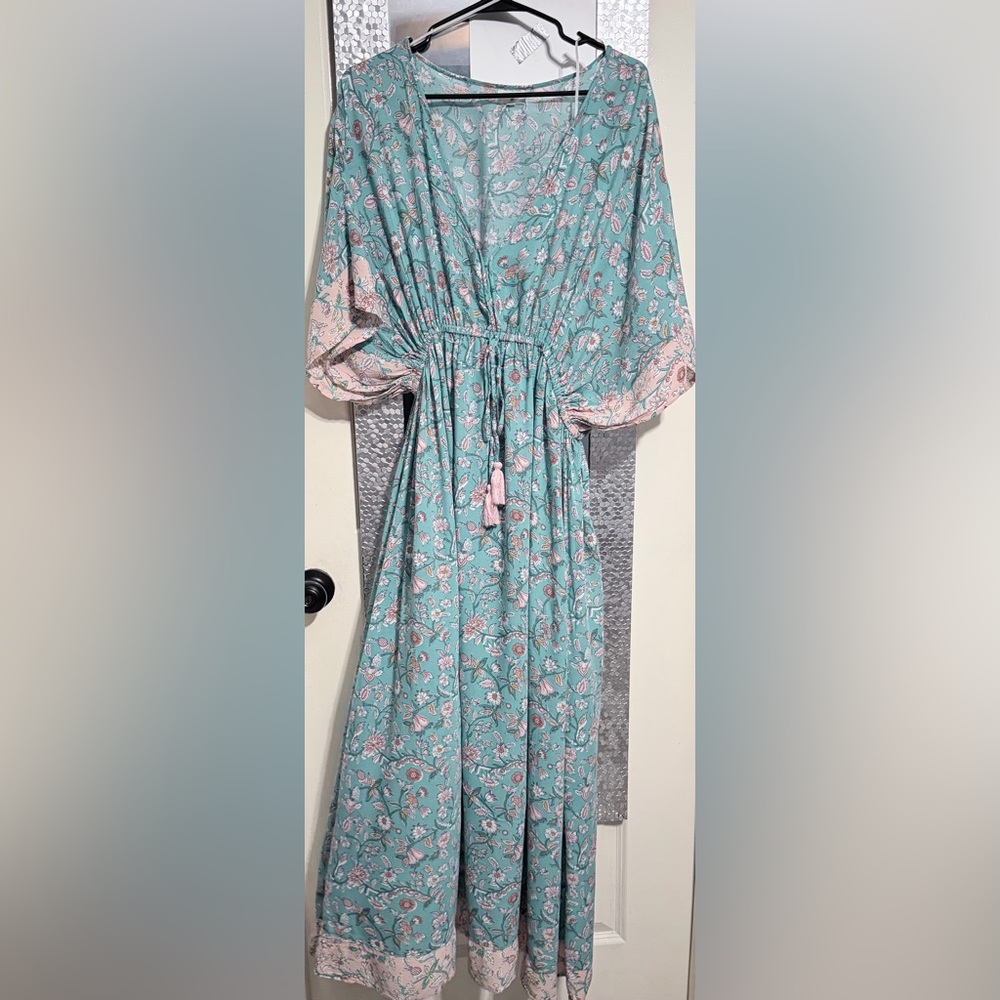 World Market Teal And Blush Floral Mira Kaftan Dress - Picture 3 of 4
